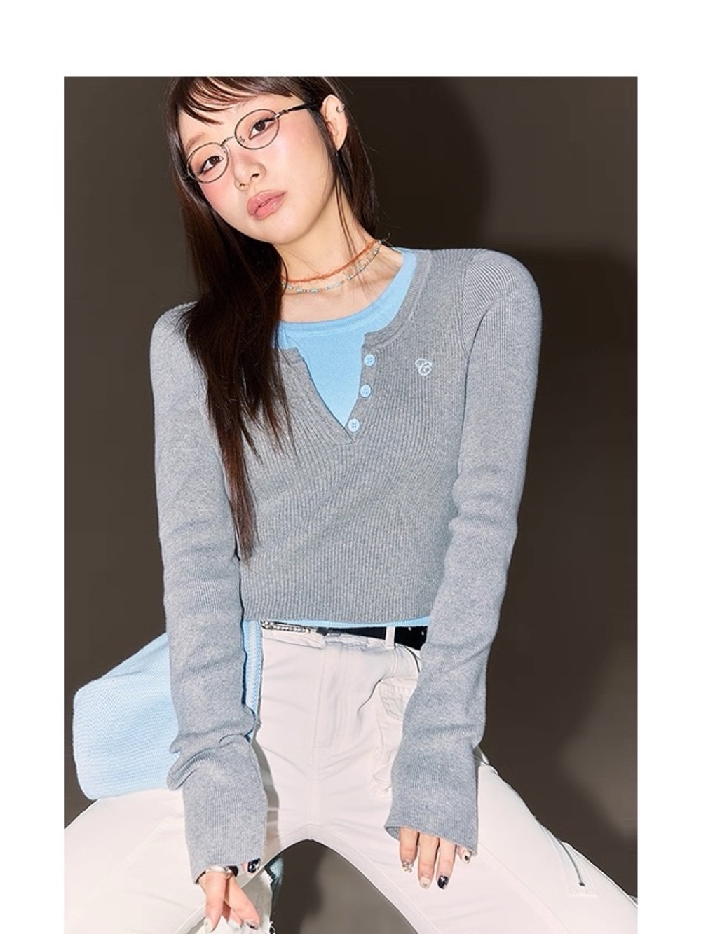 CHUU Grey Baby Blue Fitted Cropped Sweater Henley Top Size 00